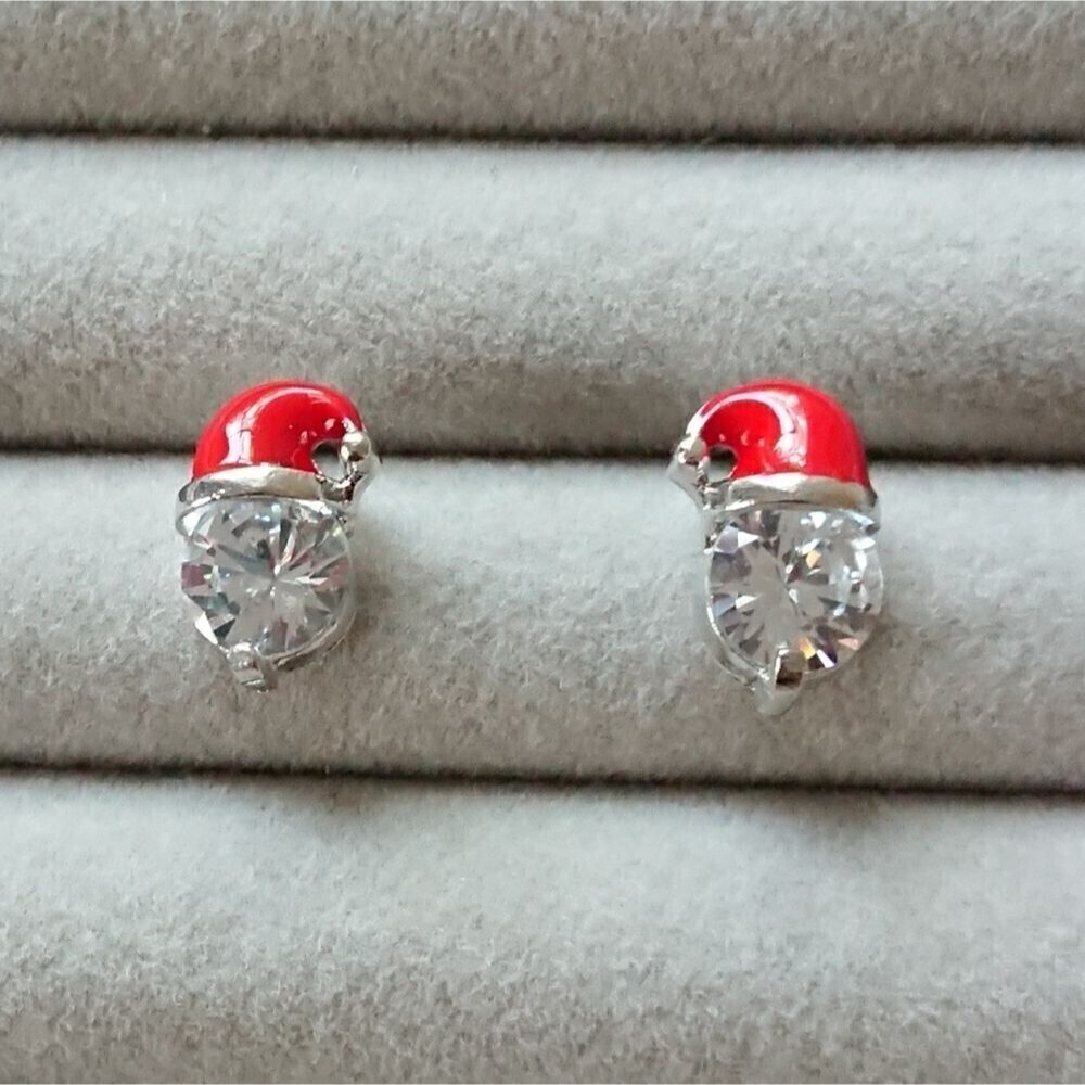 Cute Christmas Hat Cubic Zirconia Stud Earrings - Silver tone